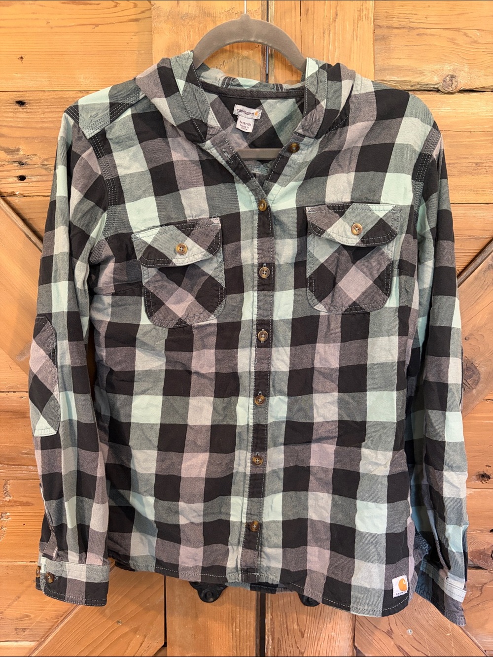 Carhartt Mint Green and Black Buffalo Plaid Hooded Shirt Jacket
